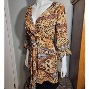 Day & Night Women’s L Faux Wrap Layered Dress Safari Boho Indie Animal Print